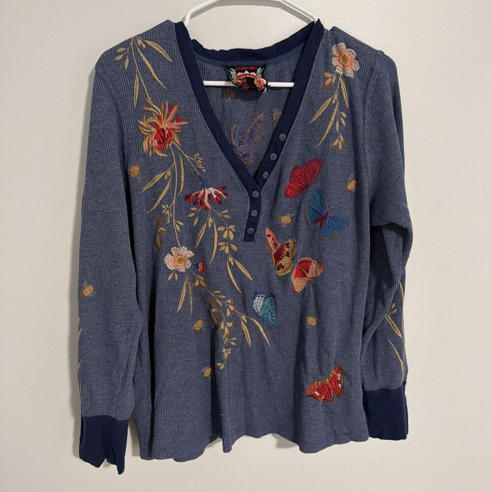 Johnny Was Aria V-Neck Thermal Top Embroidered Floral Butterfly Waffle Knit PM L